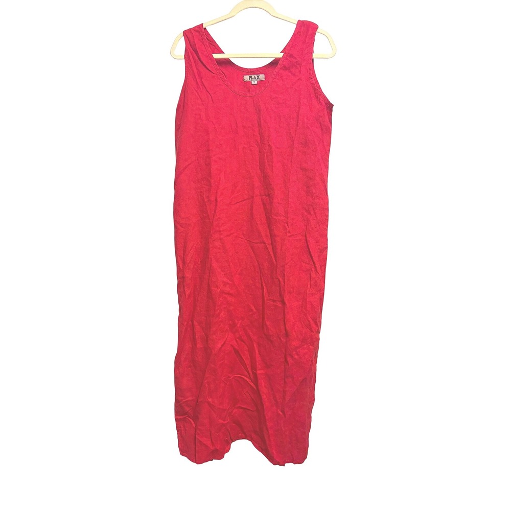 FLAX 100% Linen Sleeveless Maxi Dress Red Lagenlook Side Slits Small Excellent S